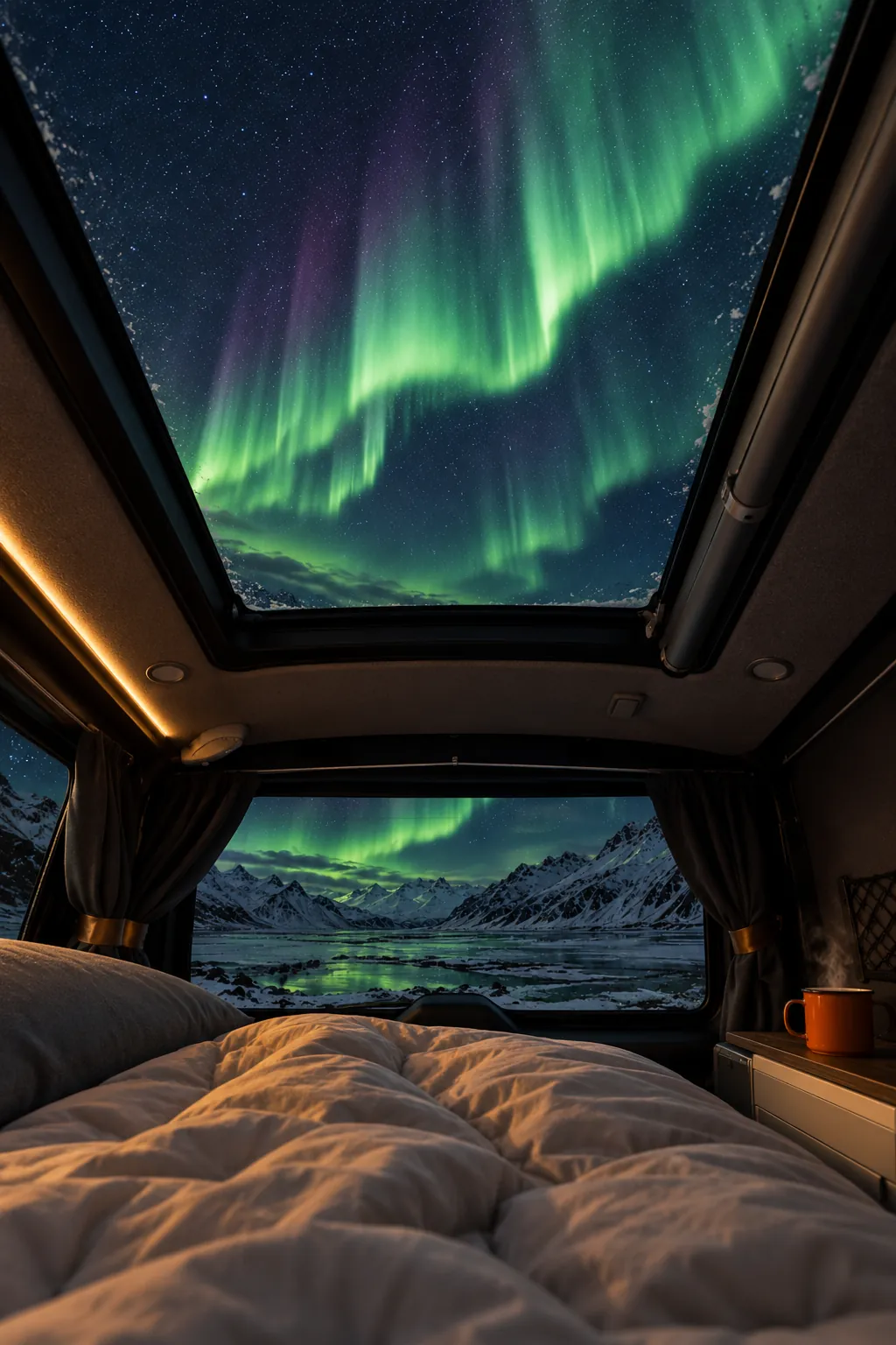Looking up through the van's panoramic skyroof at the northern lights