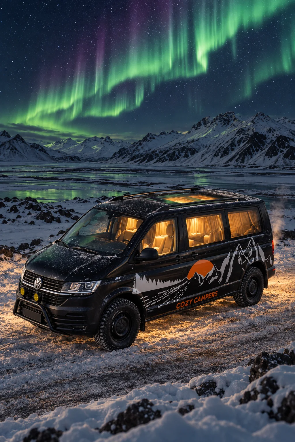 The Aurora Explorer parked in the snow at night, its skyroof and windows glowing warm under the northern lights